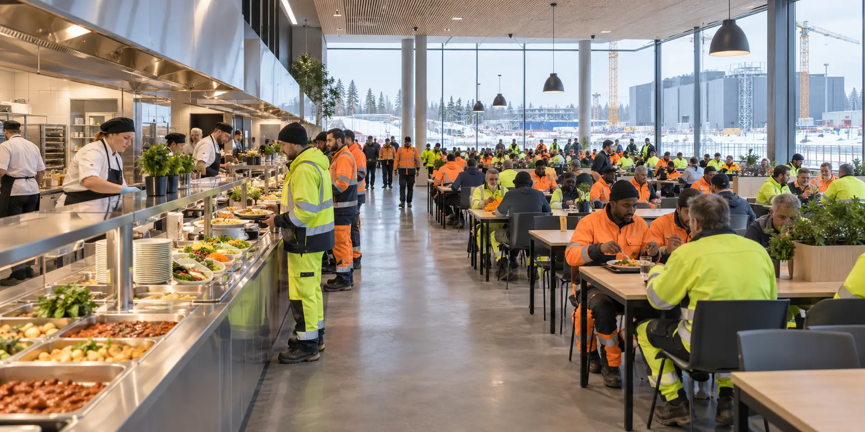 Large modern canteen serving an international construction workforce