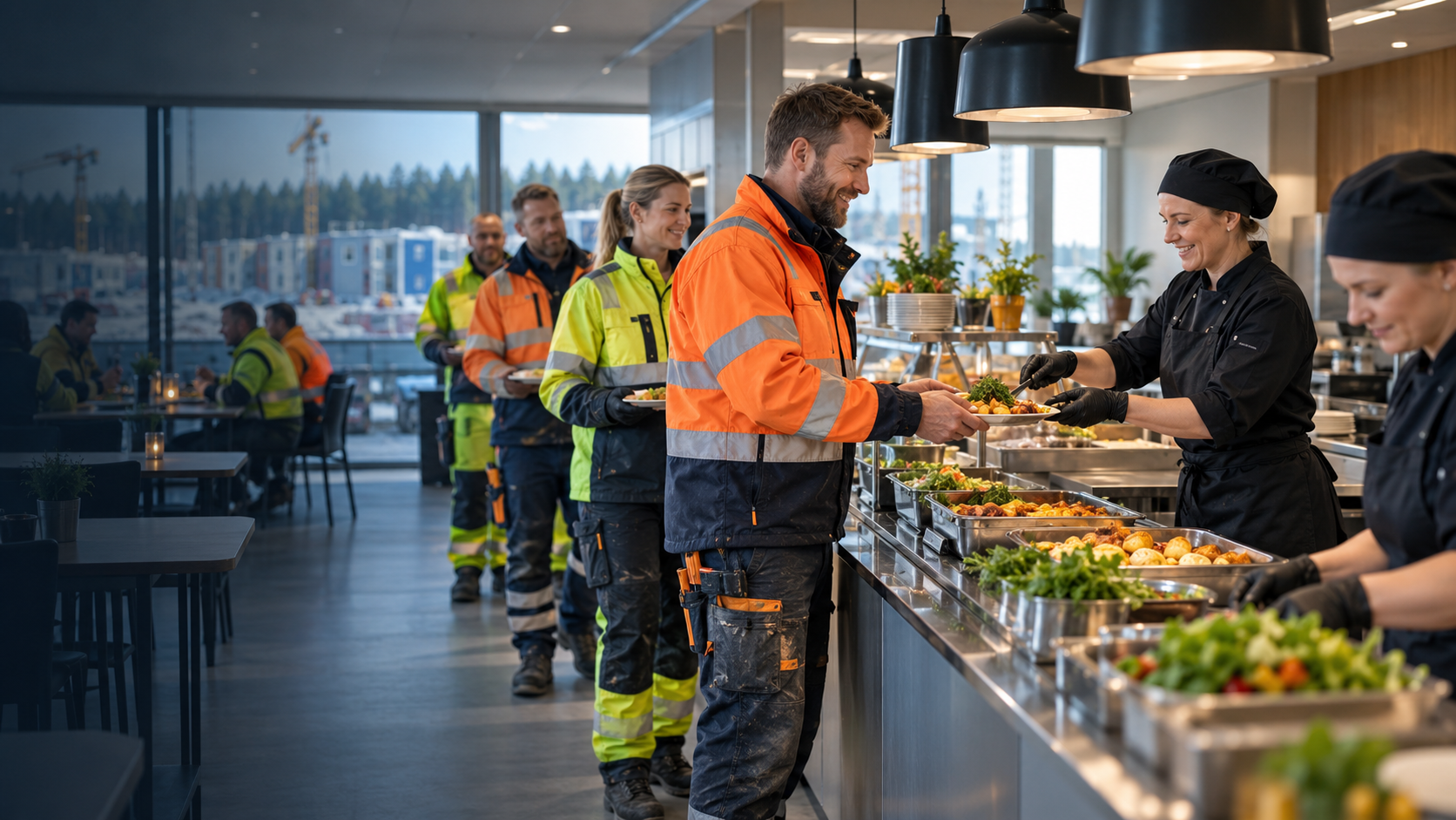 Lunch service for construction-site professionals in a modern canteen