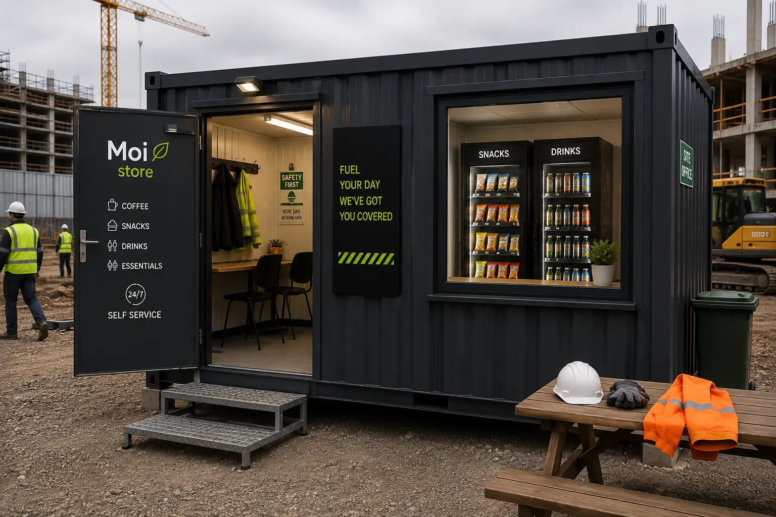 Compact self-service food container at an active construction site